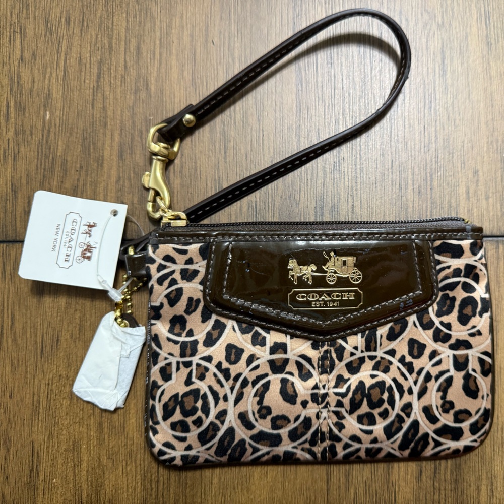 Coach Brown and Black Animal Print Wristlet NWT